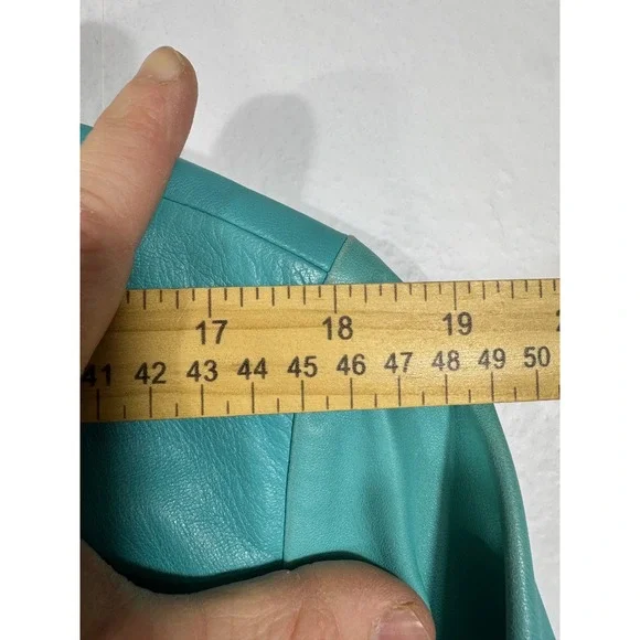 Badgley Mischka Vintage Teal Leather Jacket Silk Lined Cropped Tie Waist Sz M/8 - Picture 10 of 16